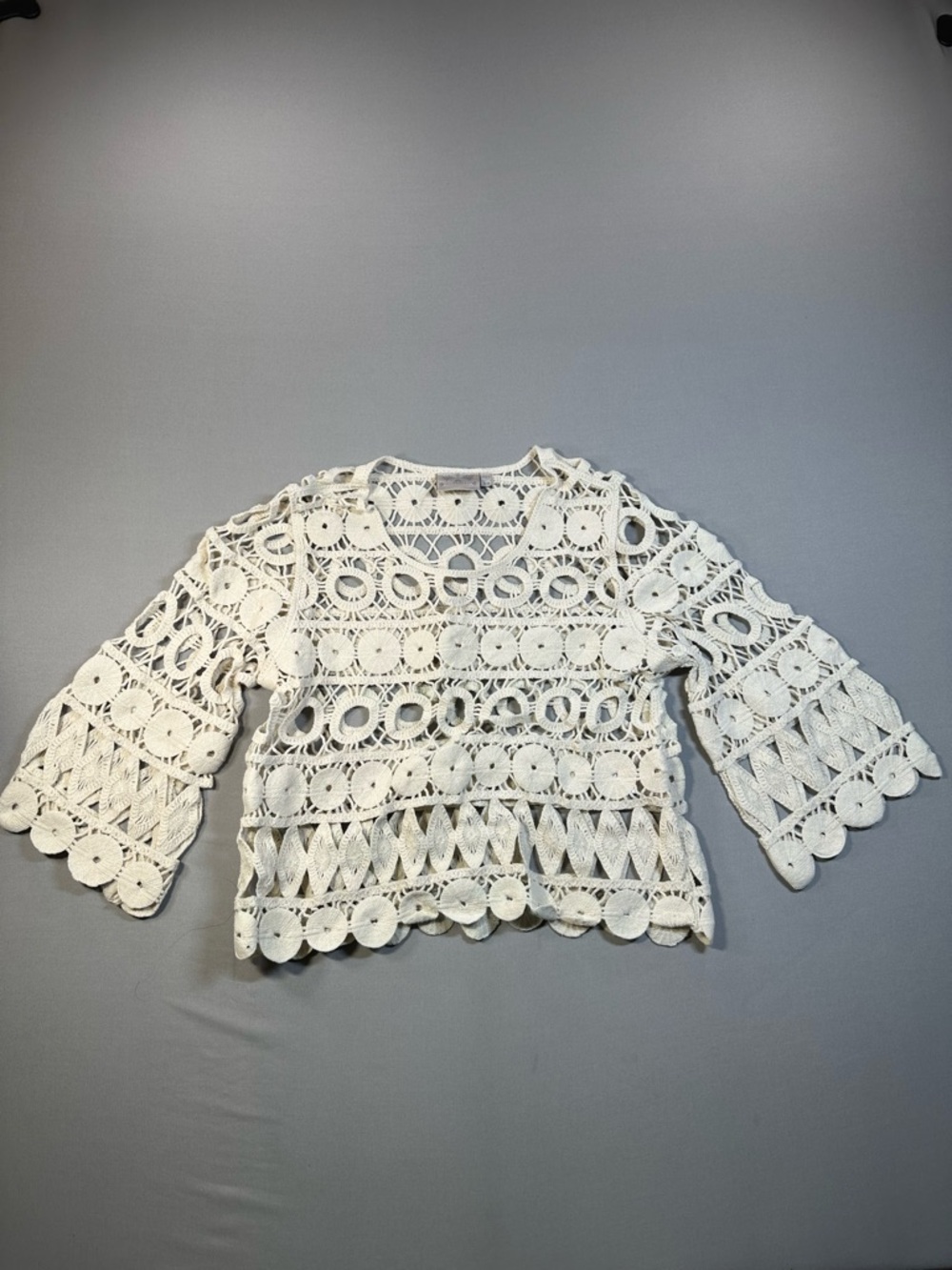 Dantelle Crochet Open Knit Bell Sleeve Top, Cream - Womens Small/Medium